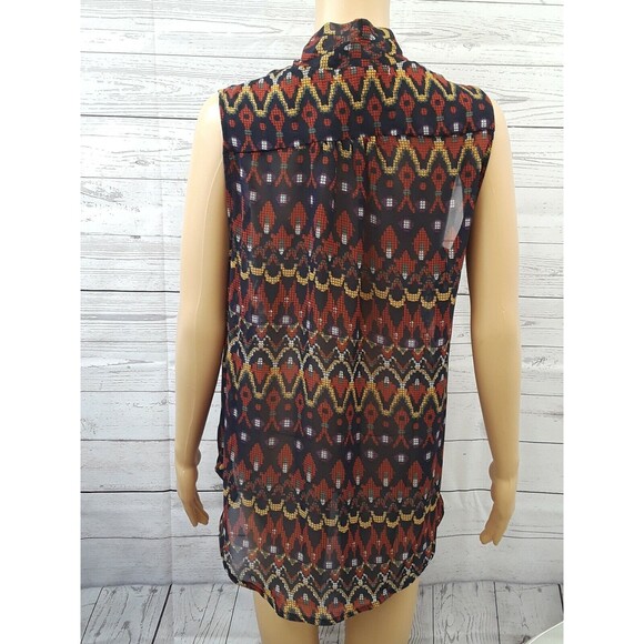 Sans Souci High Low Wrapped Sheer Top Blouse Geometric Red Blue L  New NWT - Picture 2 of 9